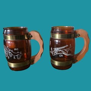 Vintage Siesta Ware Amber Glass Western Mugs Wood Handle Set of 2 Wagon Revolver